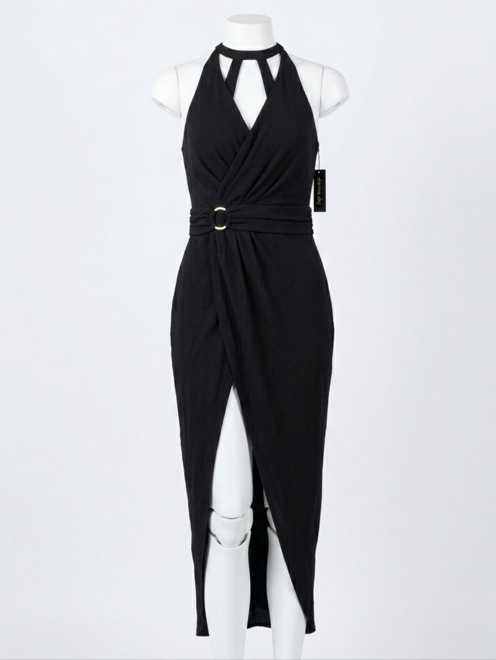 NWT Sienna Black Twist Front Faux Wrap Slit Sheath Midi Dress Size 14